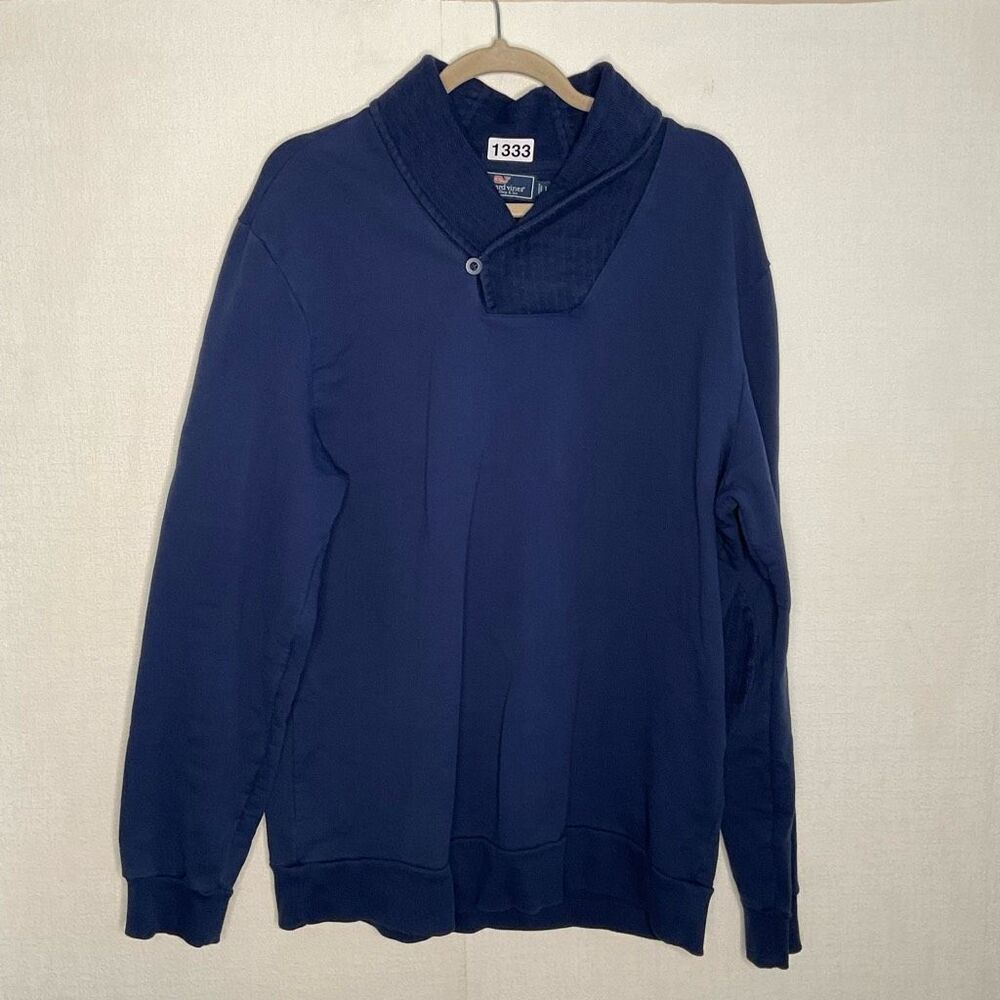 Vineyard‎ Vines Mens Large Pullover Sweater Blue Shawl Collar Elbow Patch Cotton